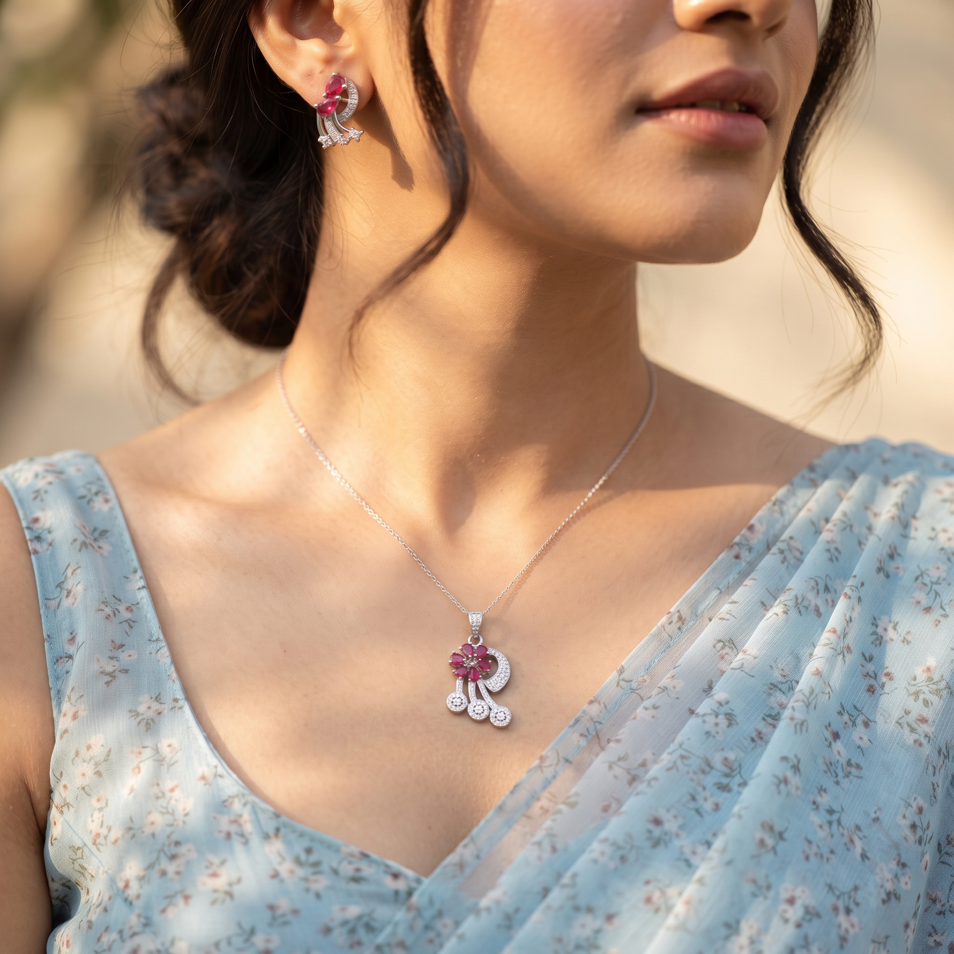Silvme 925 silver red floral pendant and drop earrings with red cubic zirconia, styled product image