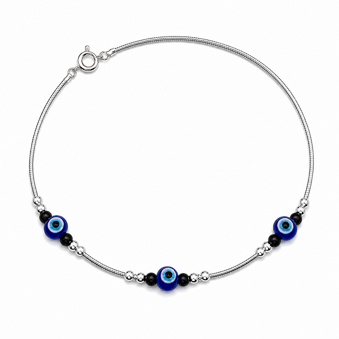 Silvme 925 sterling silver evil eye & black bead cluster anklet with a blue evil-eye and black-bead cluster, white background full view