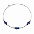 Silvme 925 sterling silver evil eye & black bead cluster anklet with a blue evil-eye and black-bead cluster, white background full view
