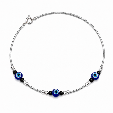 Silvme 925 sterling silver evil eye & black bead cluster anklet with a blue evil-eye and black-bead cluster, white background full view