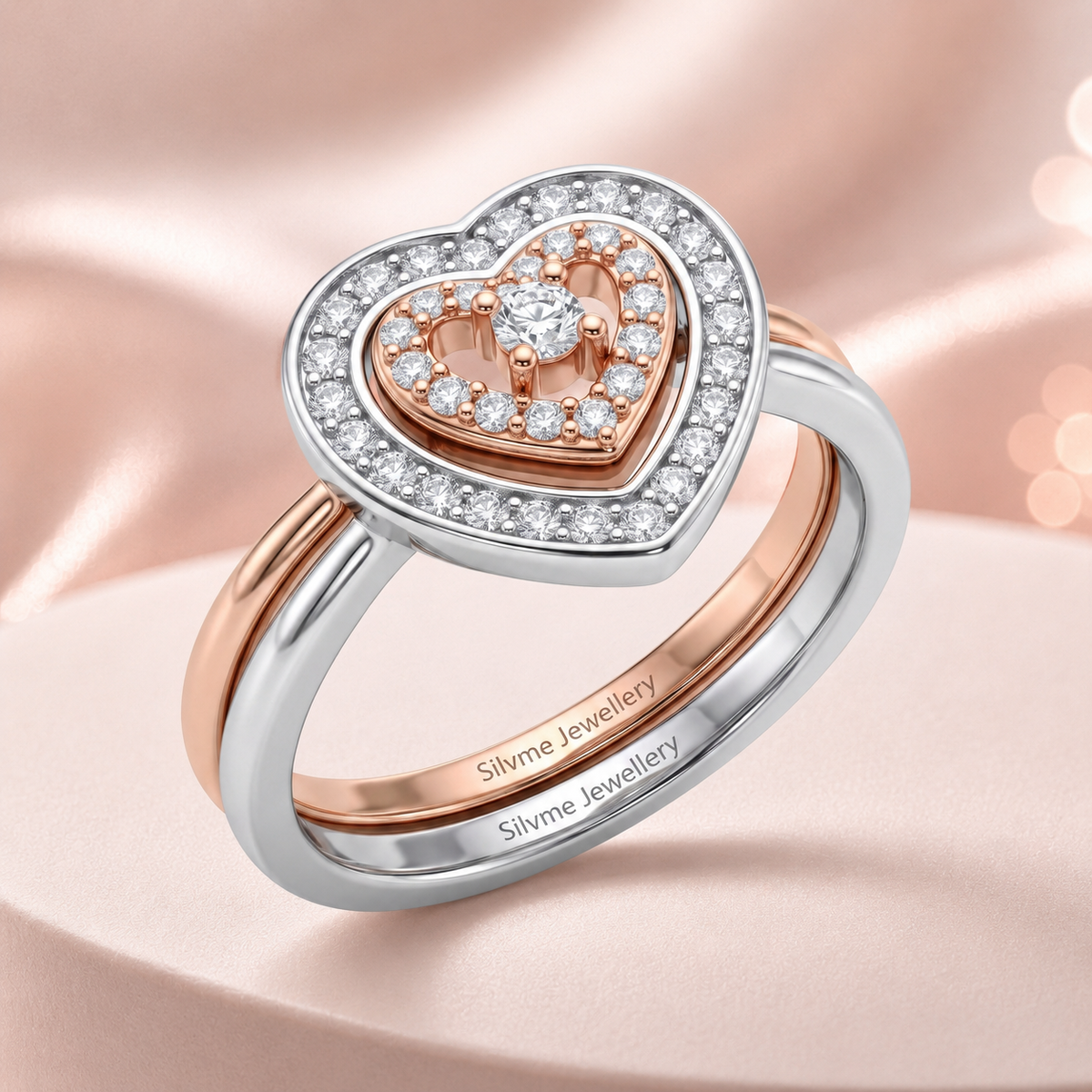 Silvme Heart Halo with cubic zirconia 925 sterling silver heart ring for women, two-tone rose gold and silver, two tone heart ring, halo ring silver, angled side view