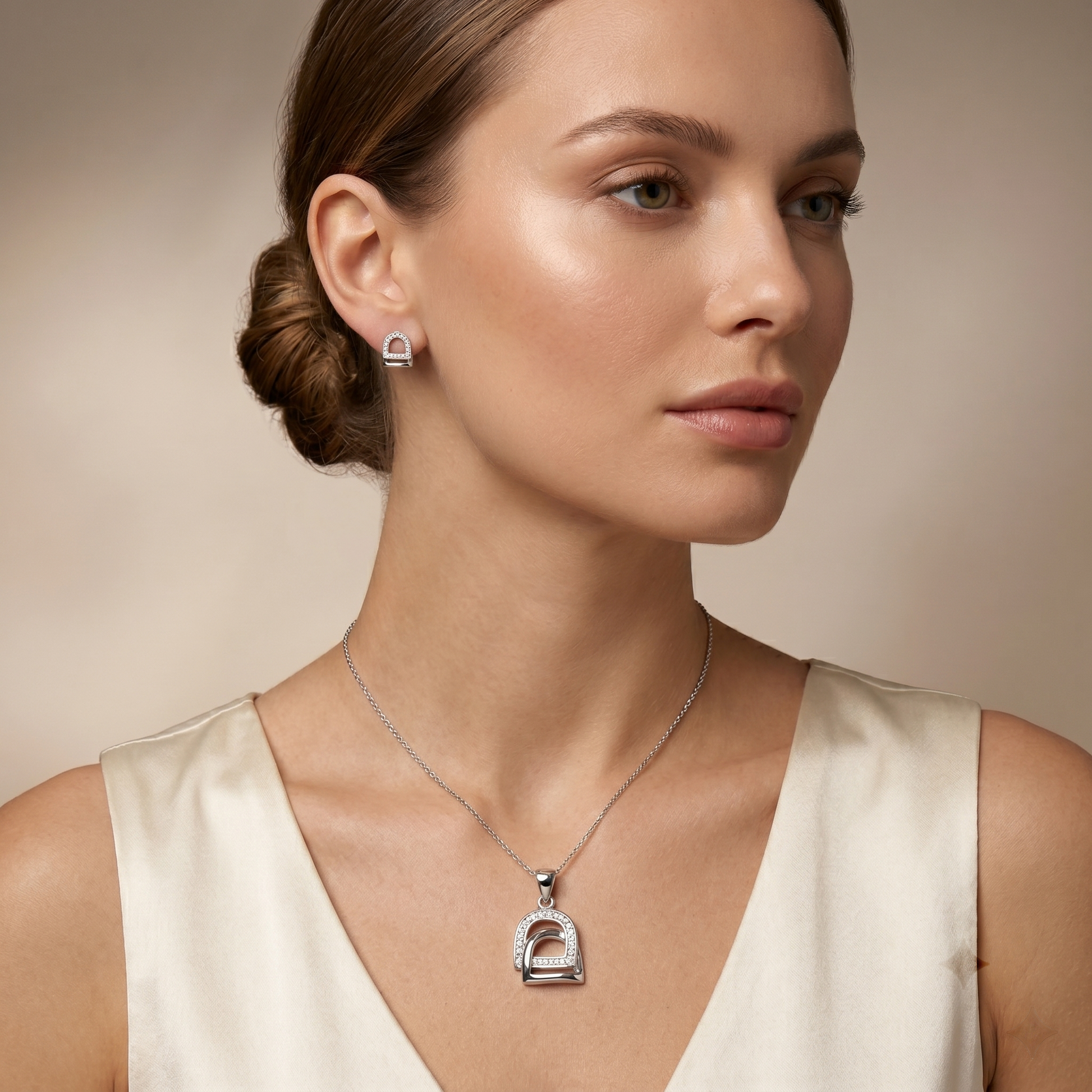 Silvme 925 silver minimalist arch pendant and stud earrings, styled lifestyle image