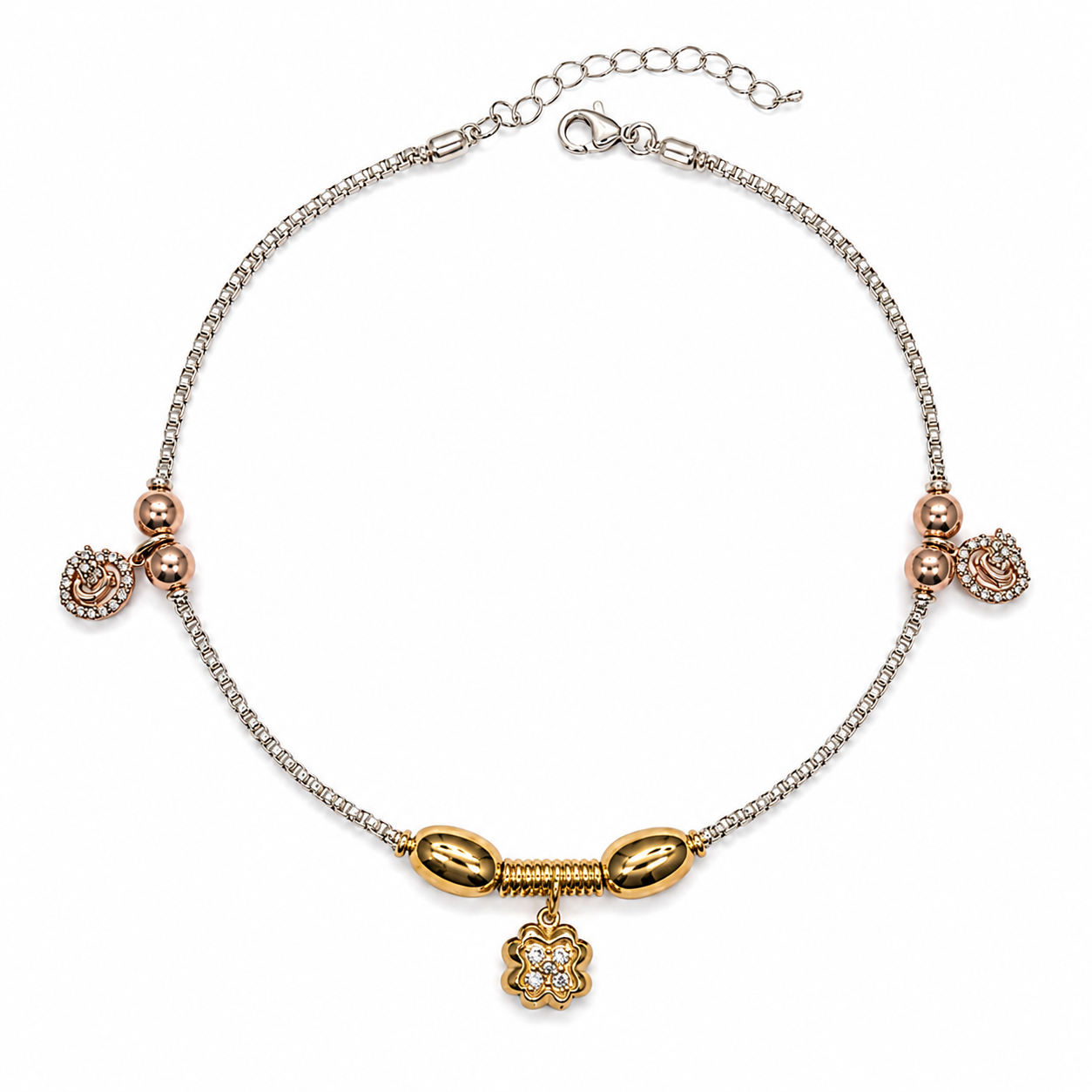 Charm, bead and chain detail on the Silvme gold & rose-gold charm 925 silver anklet payal