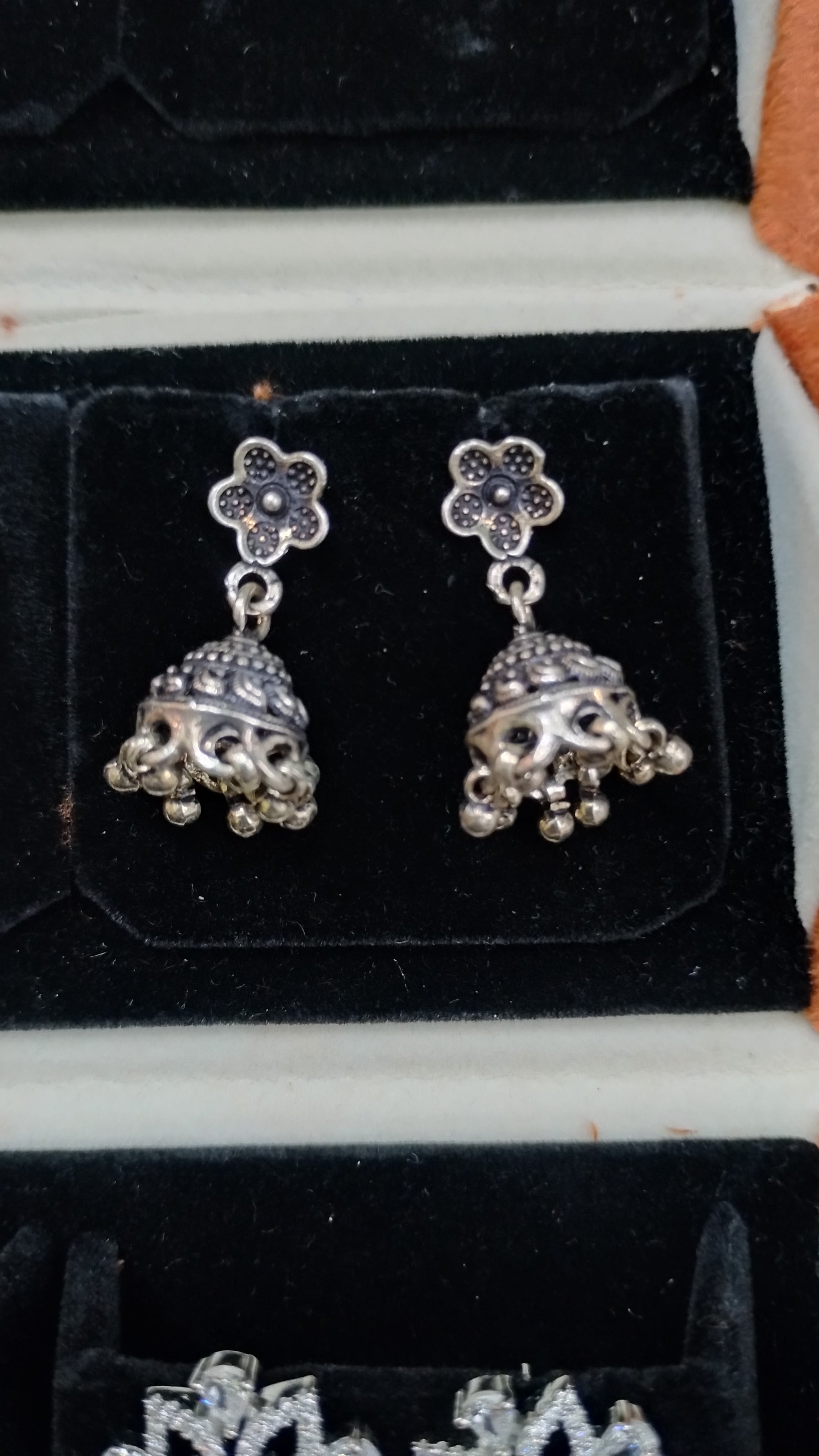 Silvme Pure 925 Sterling Silver Oxidised Floral Jhumka Silver Earrings — Front View