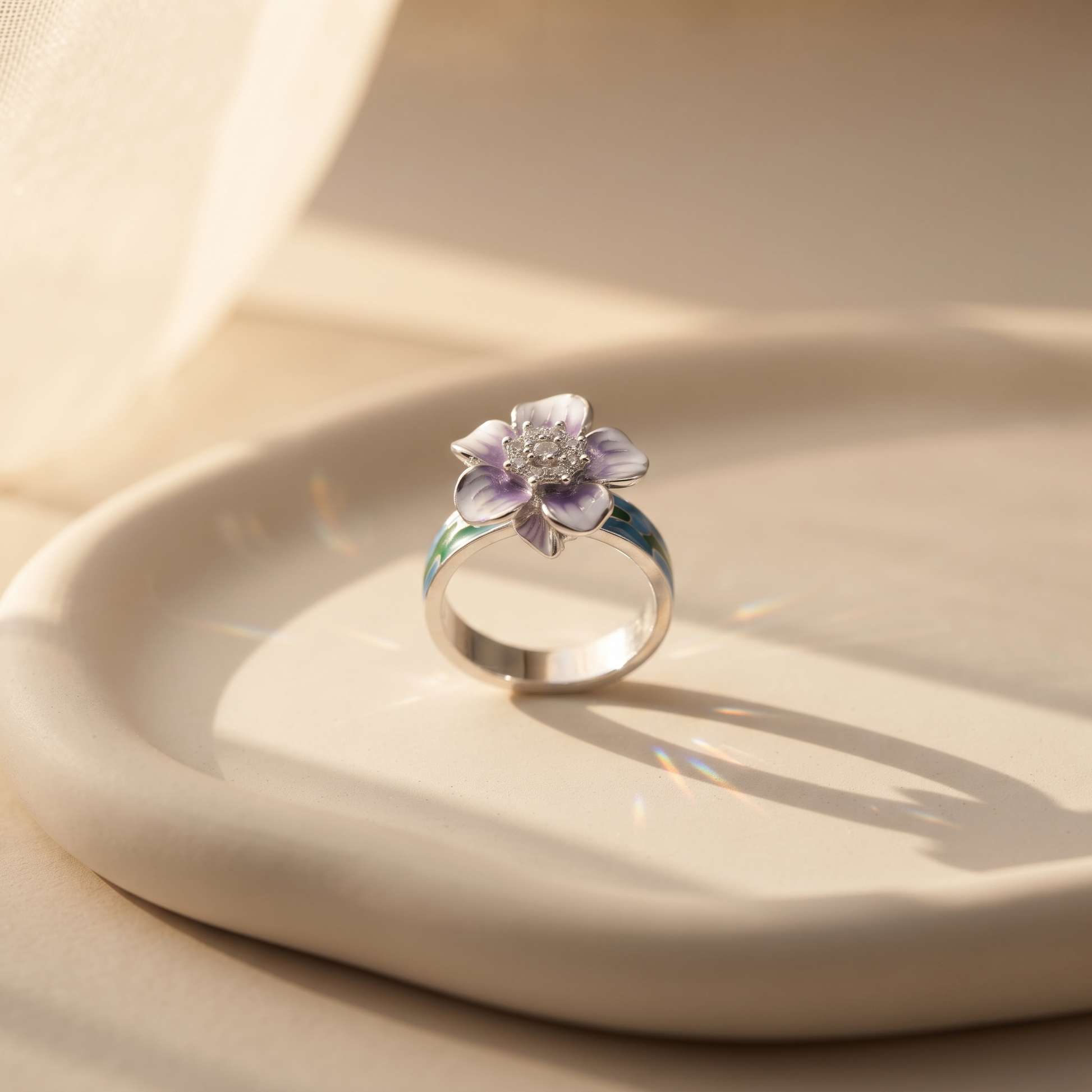 Purple floral ring for women in genuine 92.5% pure 925 sterling silver with a high-polish finish
