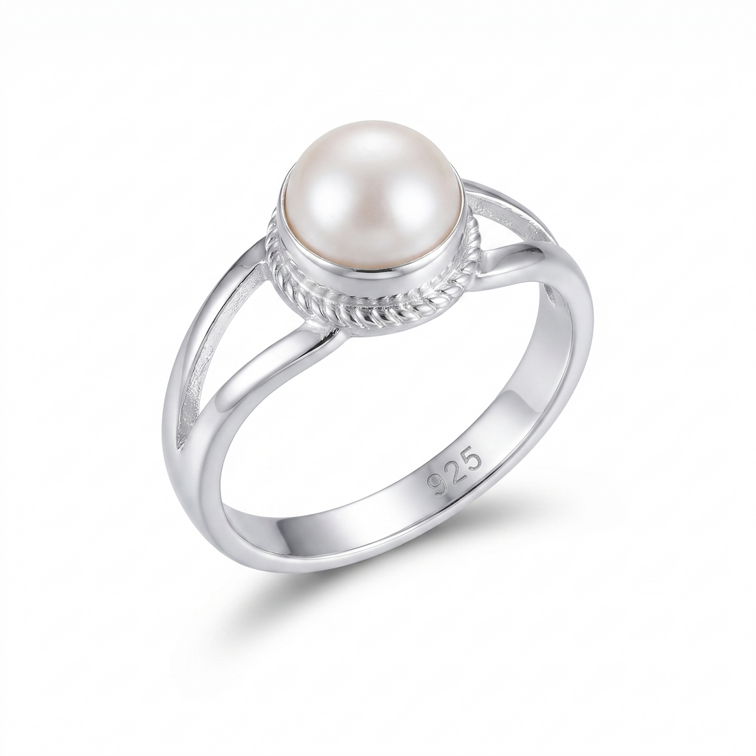 Silvme 925 Sterling Silver Pearl Split-Shank Ring for Women, elegant silver jewellery gift