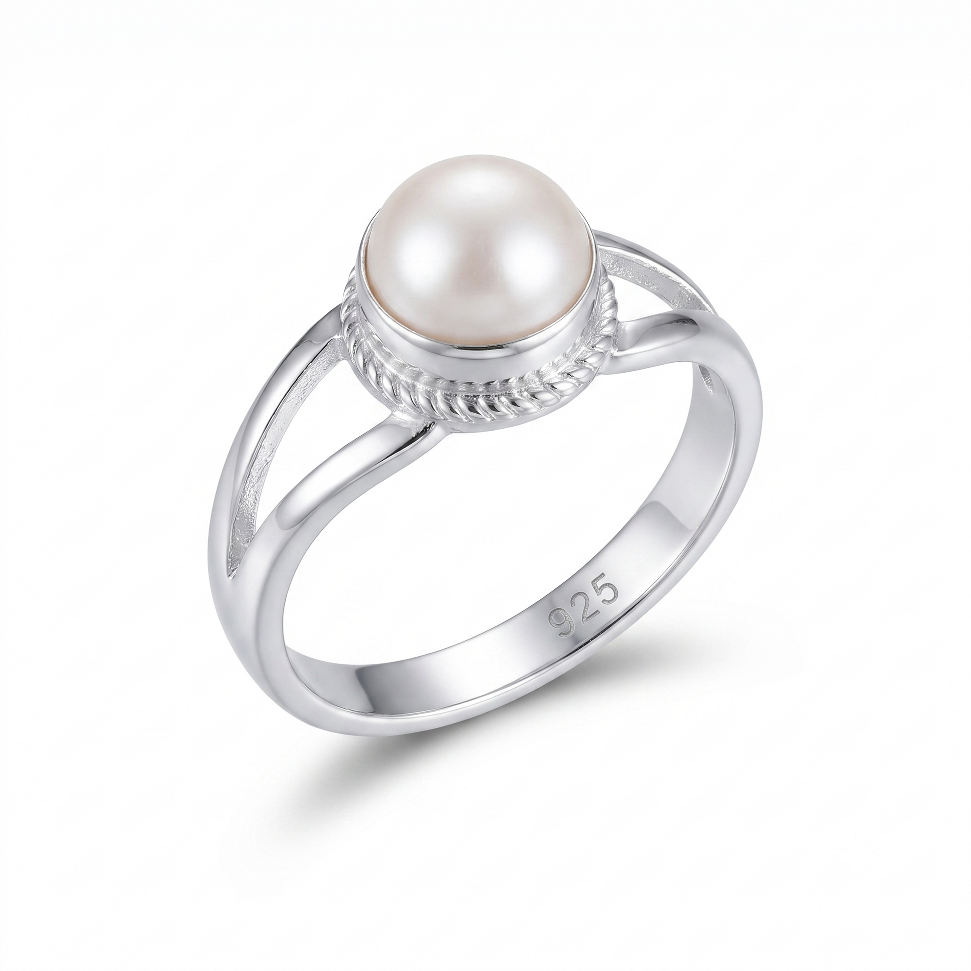 Silvme 925 Sterling Silver Pearl Split-Shank Ring for Women, elegant silver jewellery gift
