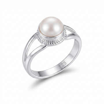 Silvme 925 Sterling Silver Pearl Split-Shank Ring for Women, elegant silver jewellery gift