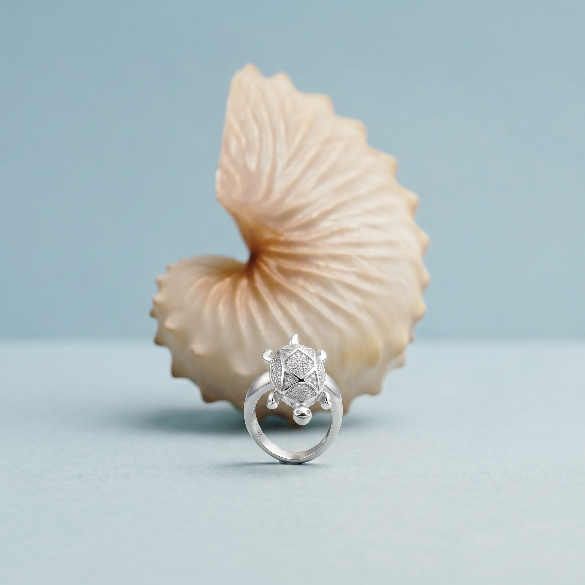 Marquise turtle ring for women in solid 925 sterling silver with a smooth, high-polish finish