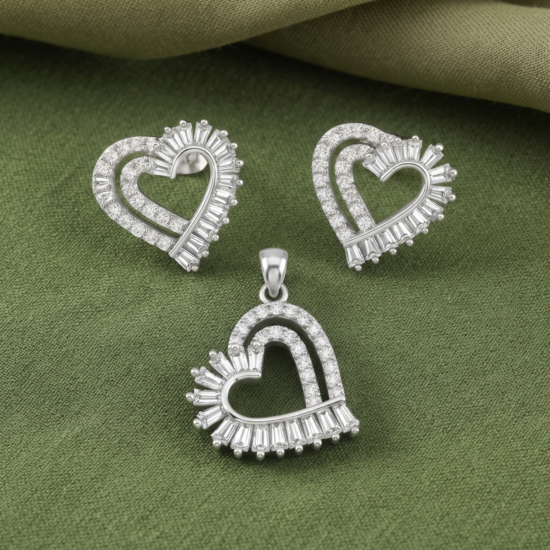 Baguette Heart 925 sterling silver pendant and stud earrings jewellery set with cubic zirconia by Silvme â€” lifestyle gift image