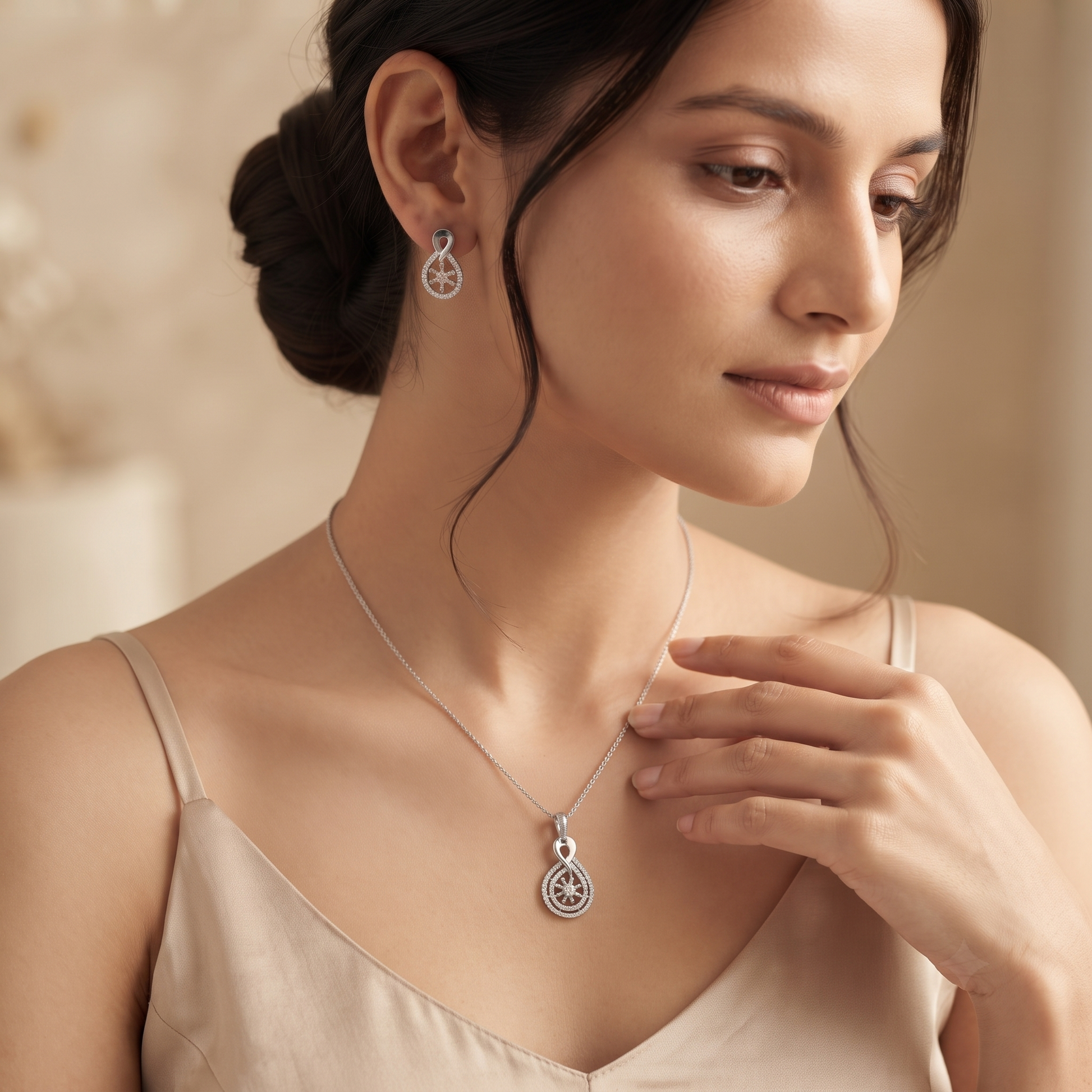 Cubic Zirconia 925 sterling silver pendant and stud earrings jewellery set with cubic zirconia by Silvme â€” lifestyle gift image