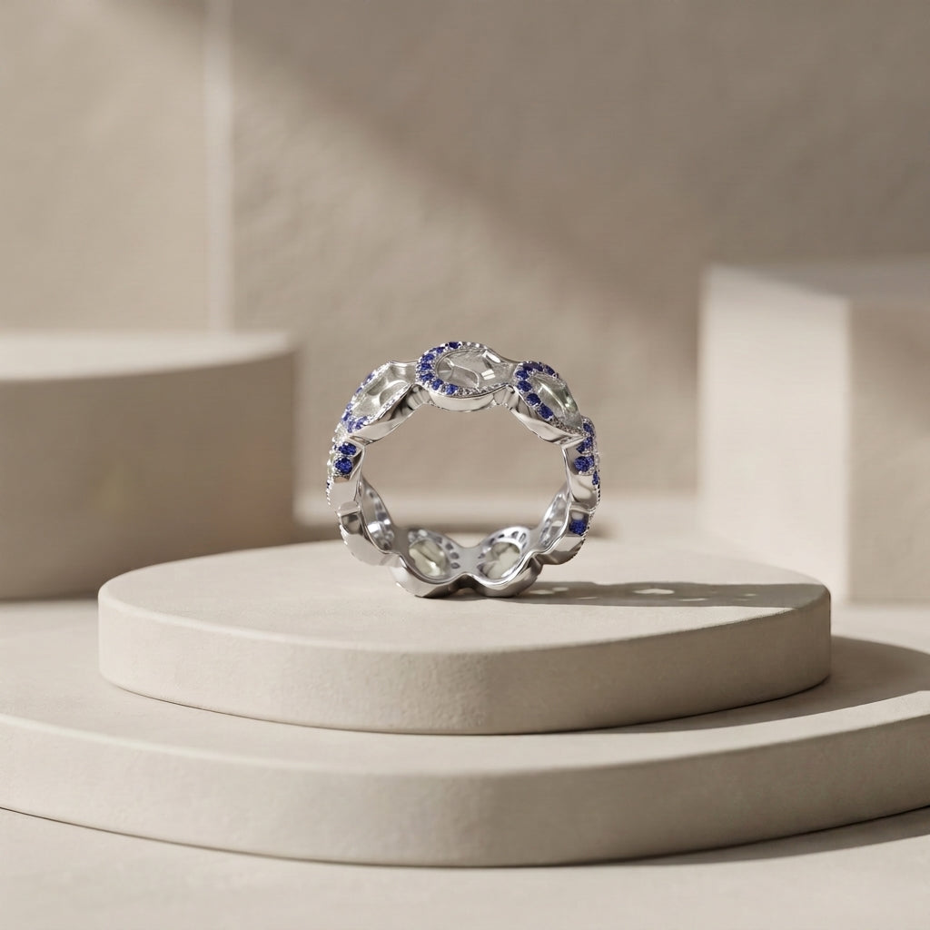 Blue stone link ring for women in genuine 92.5% pure 925 sterling silver with a high-polish finish