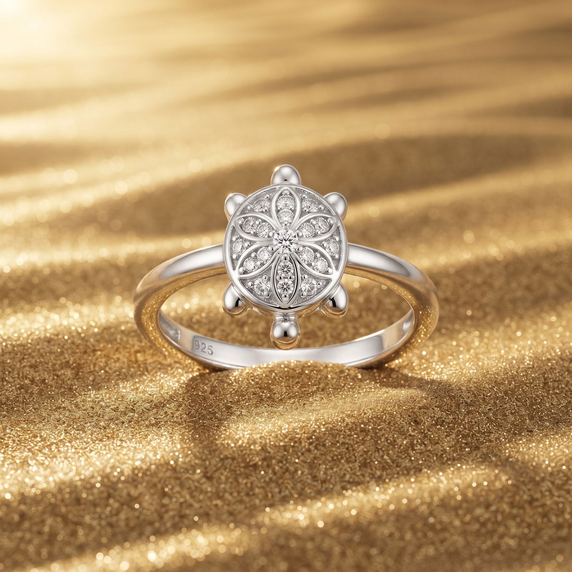 Mini turtle ring for women in solid 925 sterling silver with a smooth, high-polish finish