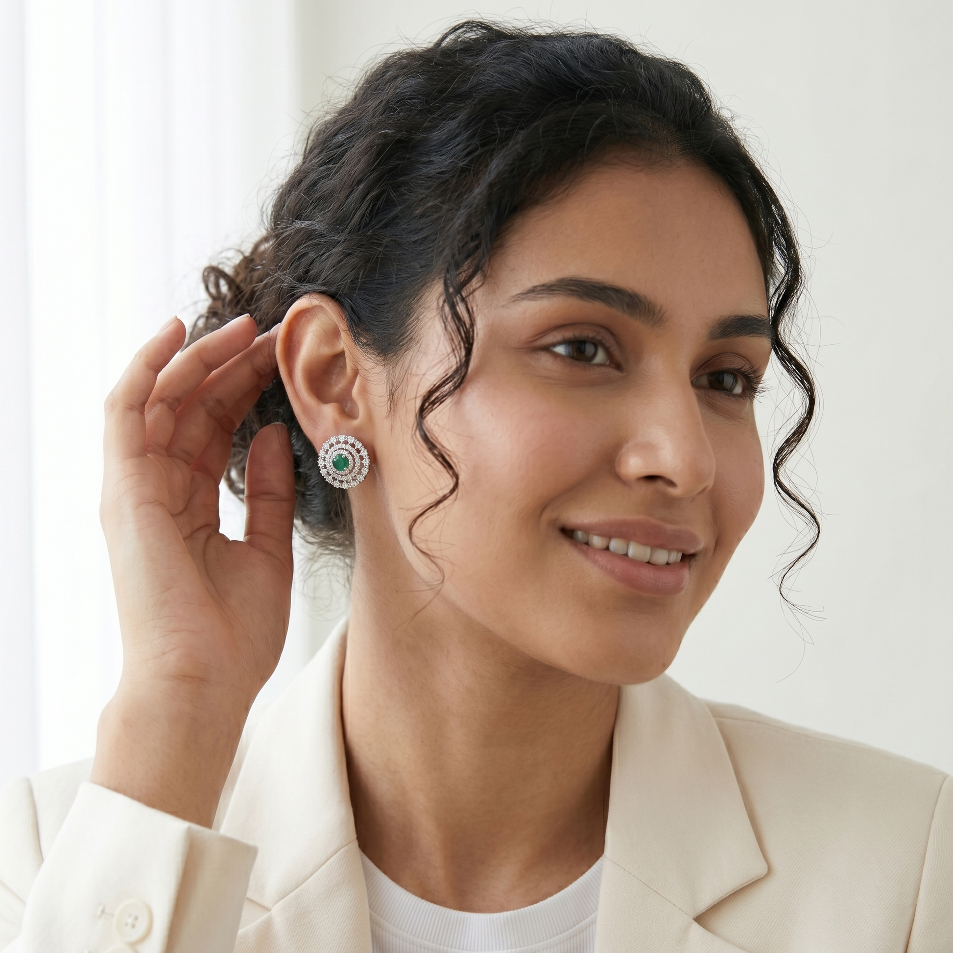 Green Round Lattice-Halo Stud Earrings, additional product view 5