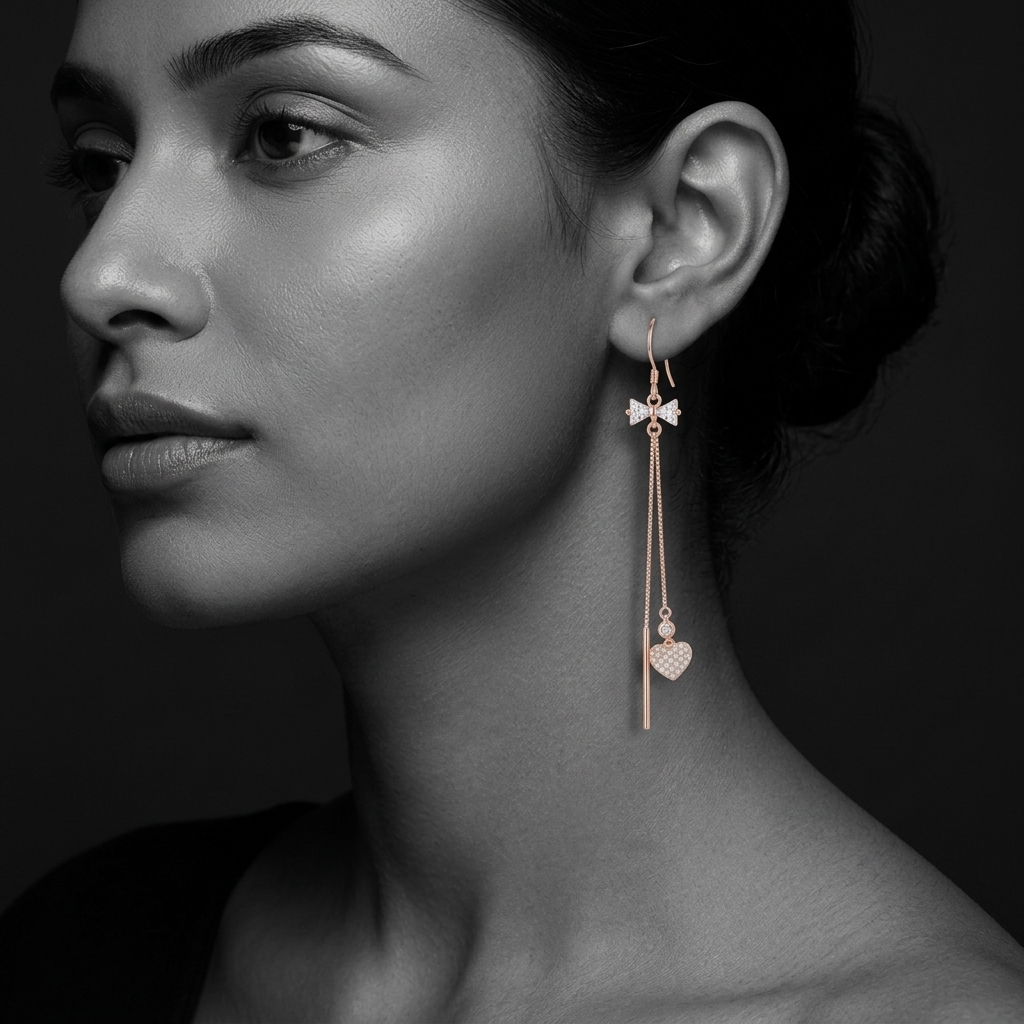 Silvme Pure 925 Sterling Silver Rose Gold CZ Bow Ribbon Pearl Heart Drop Earrings — View 4