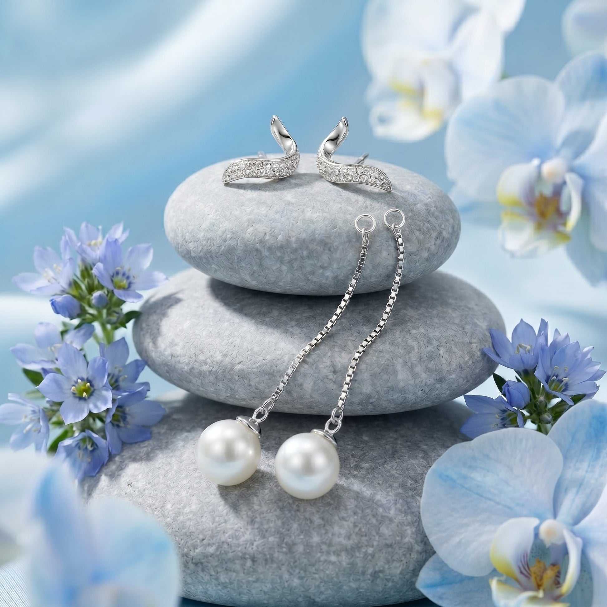 Convertible Pearl-Look Accent Drop Wavy Stud Earrings, additional product view 4