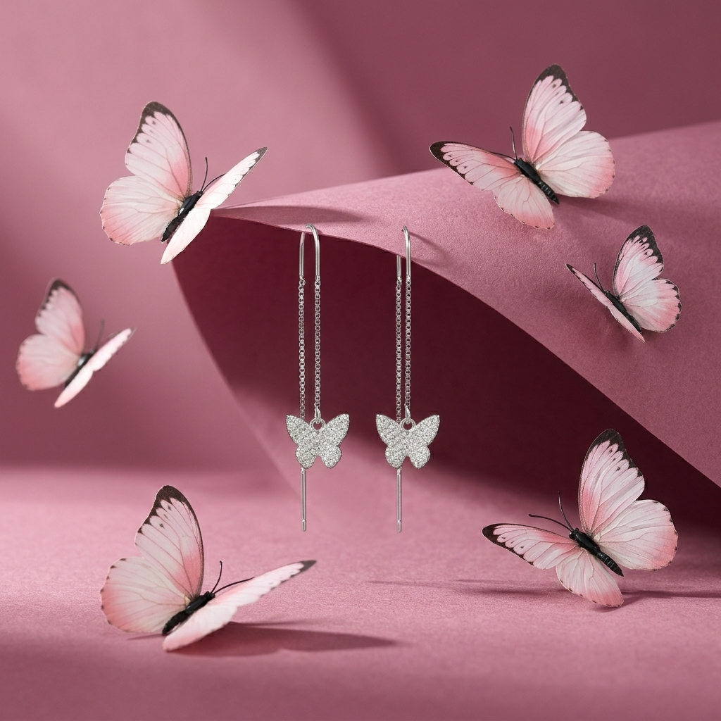 Stone-Set Butterfly Charm Threader Earrings, additional product view 3
