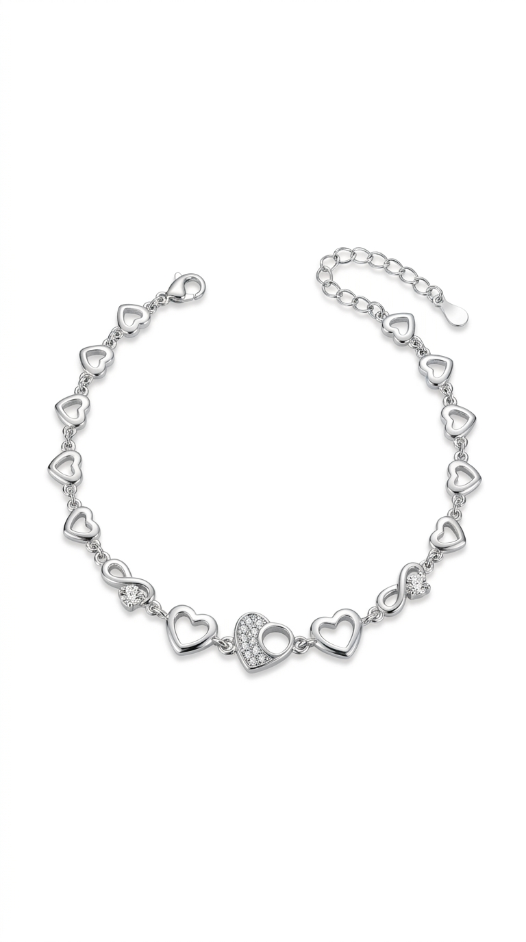 Silvme Heart Link Charm Bracelet in 925 sterling silver, jewellery for women, luxury silver design