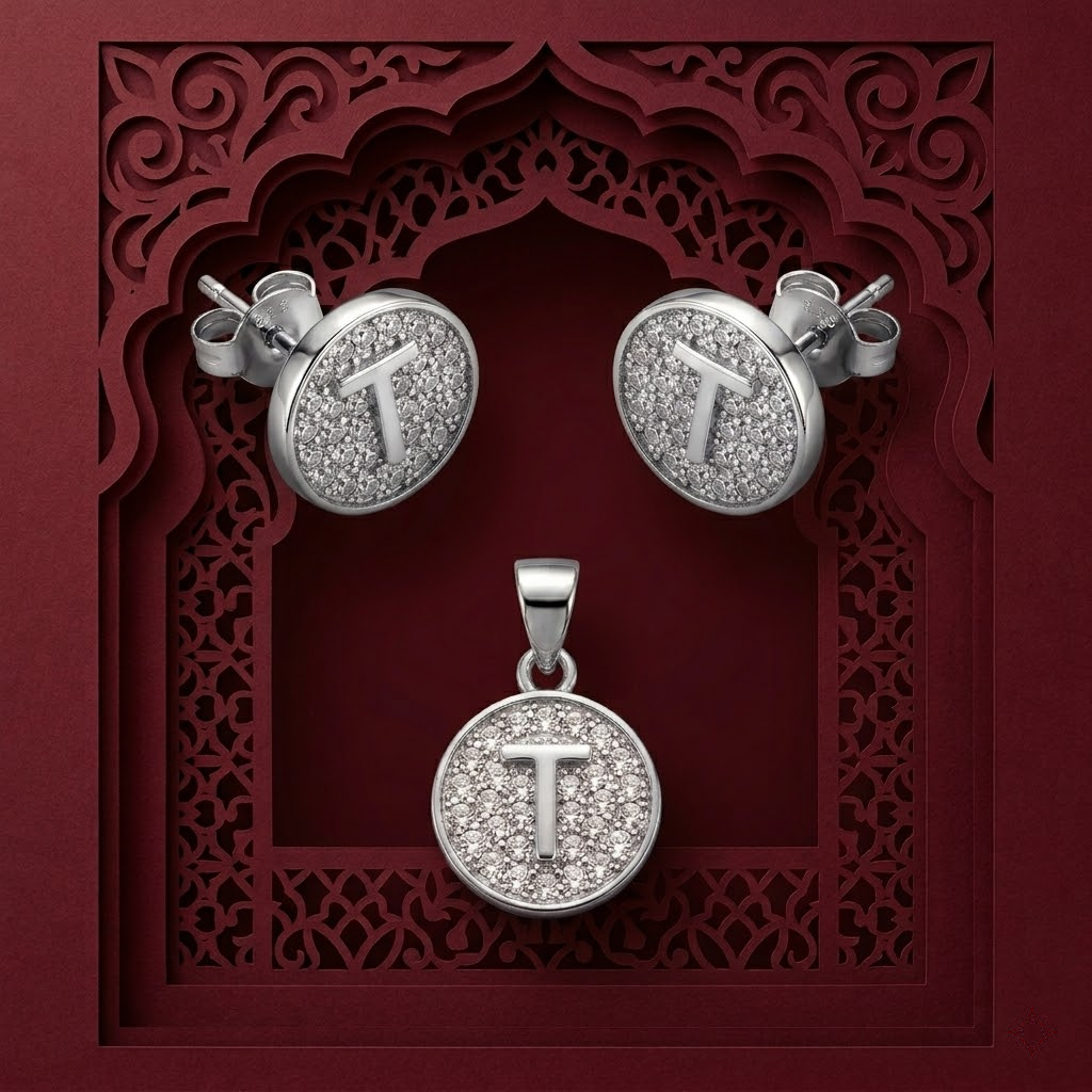 Silvme pure 925 sterling silver initial t pendant necklace and stud earrings set with cubic zirconia, side profile view