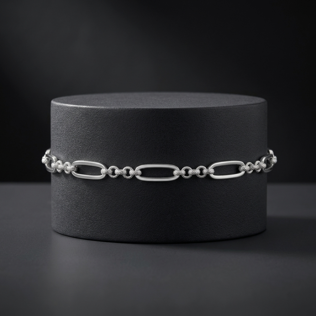 The oval and bead link bracelet for men shown against a plain studio background