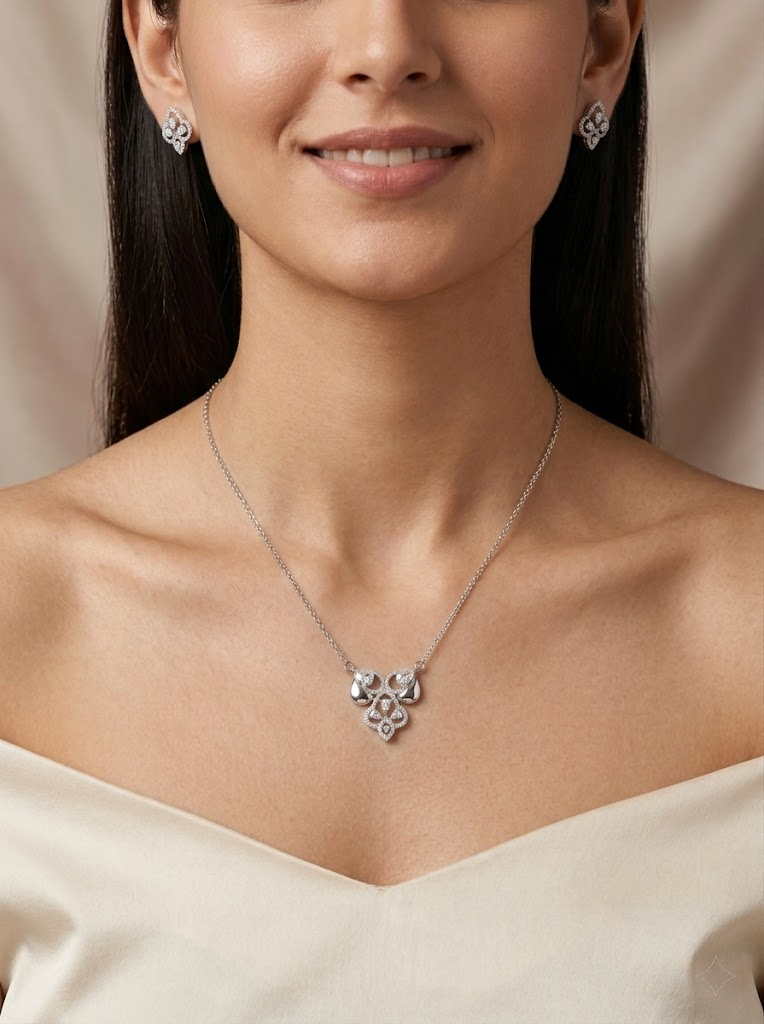 Silvme pure 925 sterling silver ornate petal pendant necklace and stud earrings set with cubic zirconia, front view of the complete set