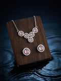 Pink Cluster 925 sterling silver pendant necklace and stud earrings jewellery set with pink cubic zirconia by Silvme â€” full necklace and earrings view