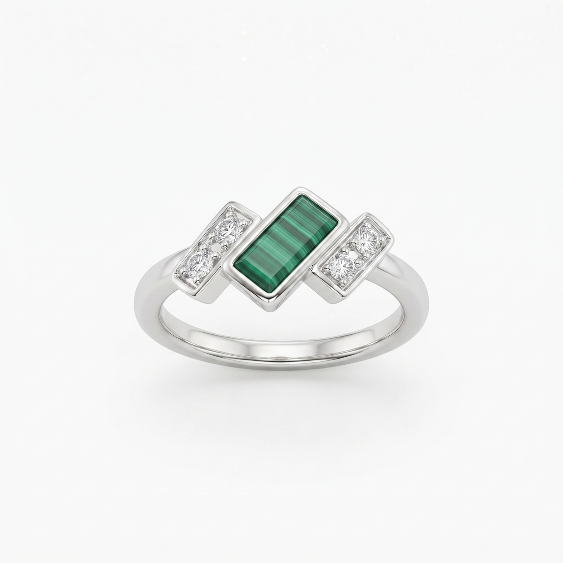 Silvme green emerald-cut stone 925 sterling silver ring for women with rectangular green centre stone framed by clear stones