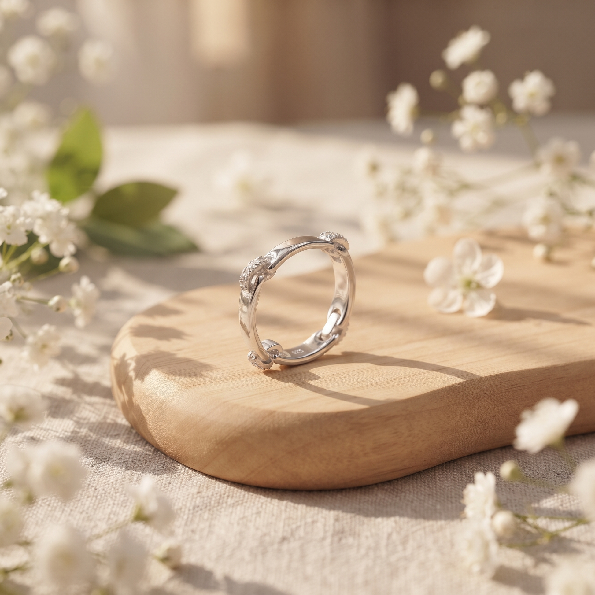 Floral textured band ring for women in real 925 sterling silver, 92.5% pure, polished to a bright shine