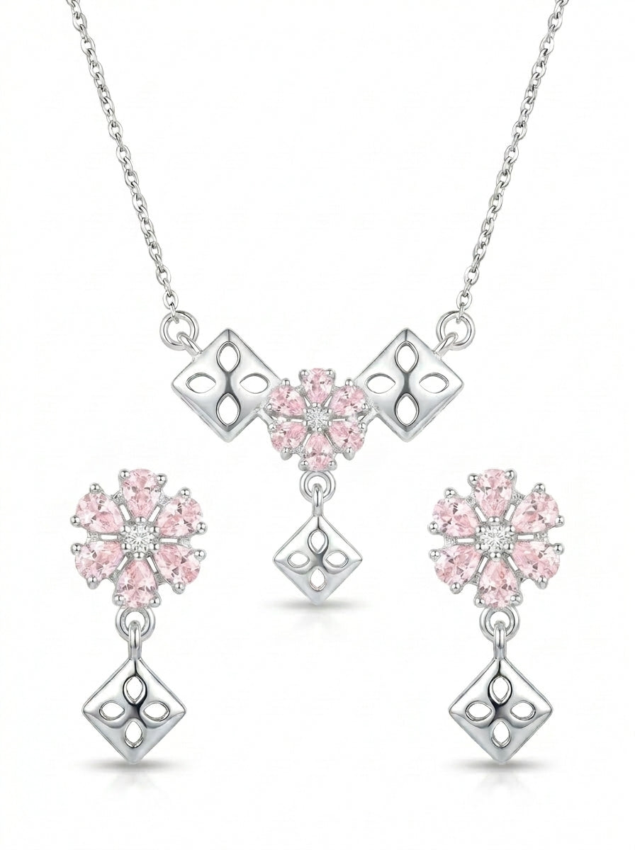 Silvme pure 925 sterling silver geometric pink pendant necklace and stud earrings set with pink cubic zirconia, chain and pendant view