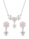 Silvme pure 925 sterling silver geometric pink pendant necklace and stud earrings set with pink cubic zirconia, chain and pendant view