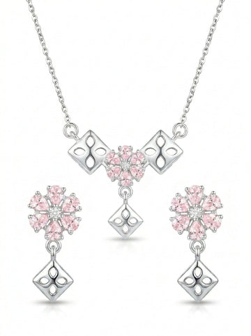 Silvme pure 925 sterling silver geometric pink pendant necklace and stud earrings set with pink cubic zirconia, chain and pendant view