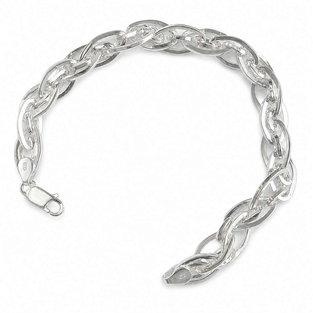 Silvme 925 sterling silver interlocked twist link bracelet for men curved on a white background