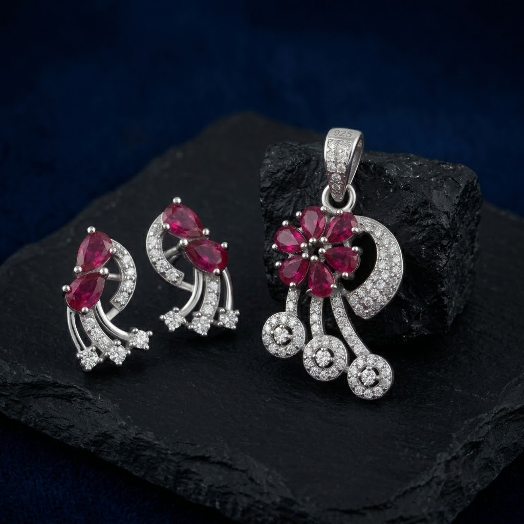 Red Floral 925 sterling silver pendant and drop earrings jewellery set with red cubic zirconia by Silvme â€” pendant close-up