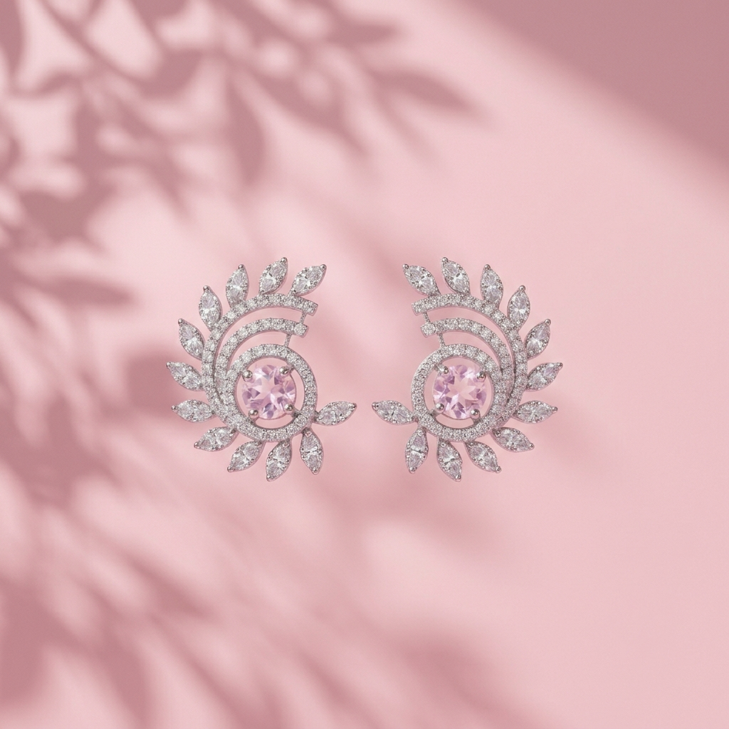Pink-Centre Feather-Leaf Stud Earrings, alternate angle