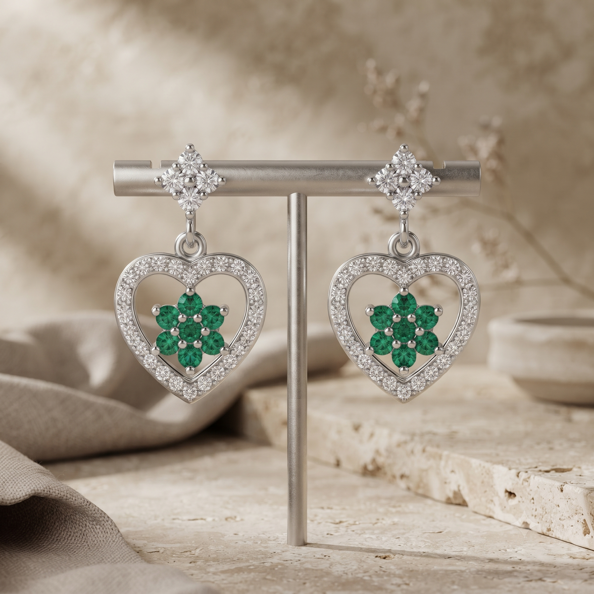 Green Floral Heart Drop 925 silver drop stud earrings for women, gift for mom, second studio angle