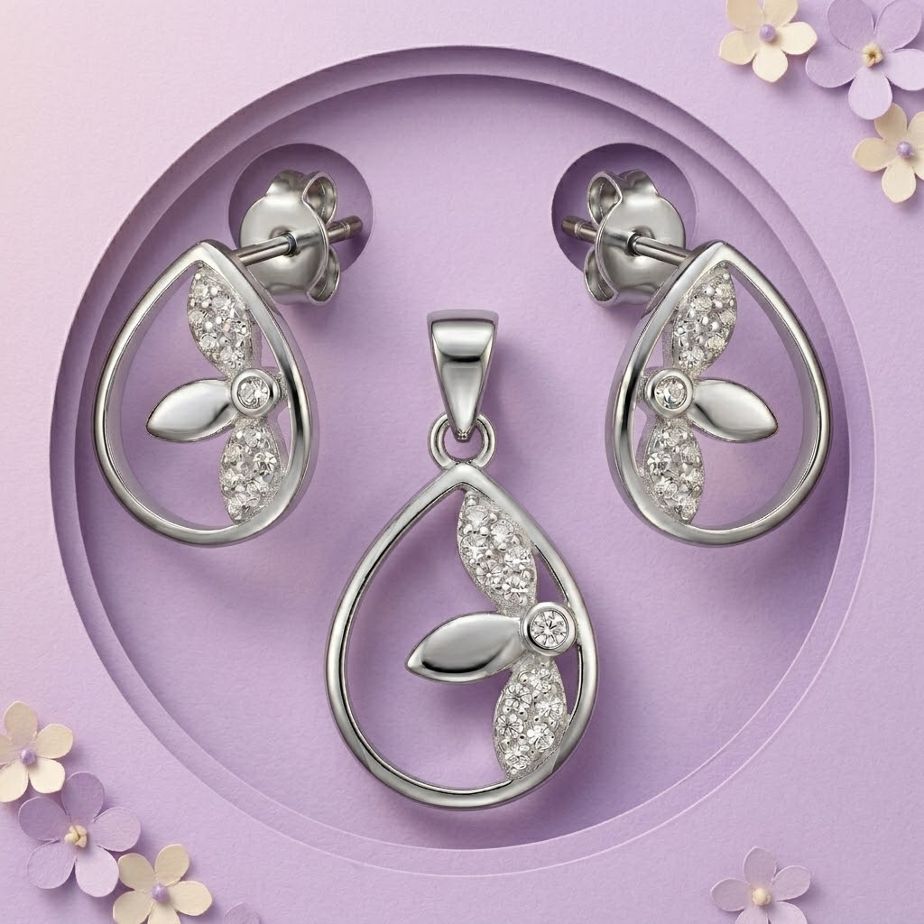 Silvme pure 925 sterling silver teardrop pendant and drop earrings set with cubic zirconia, side profile view