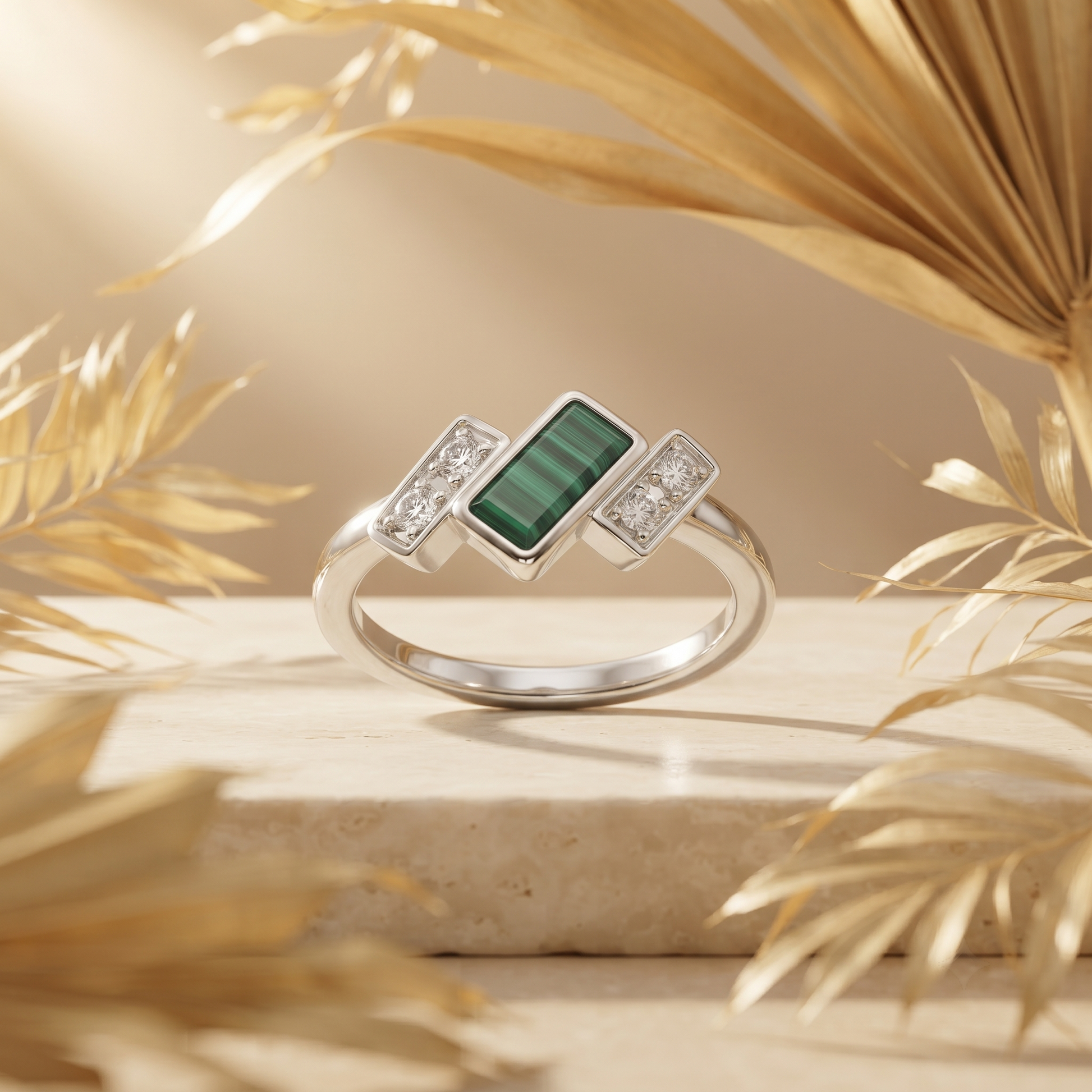 Green emerald-cut stone ring for women in solid 925 sterling silver with a smooth, high-polish finish