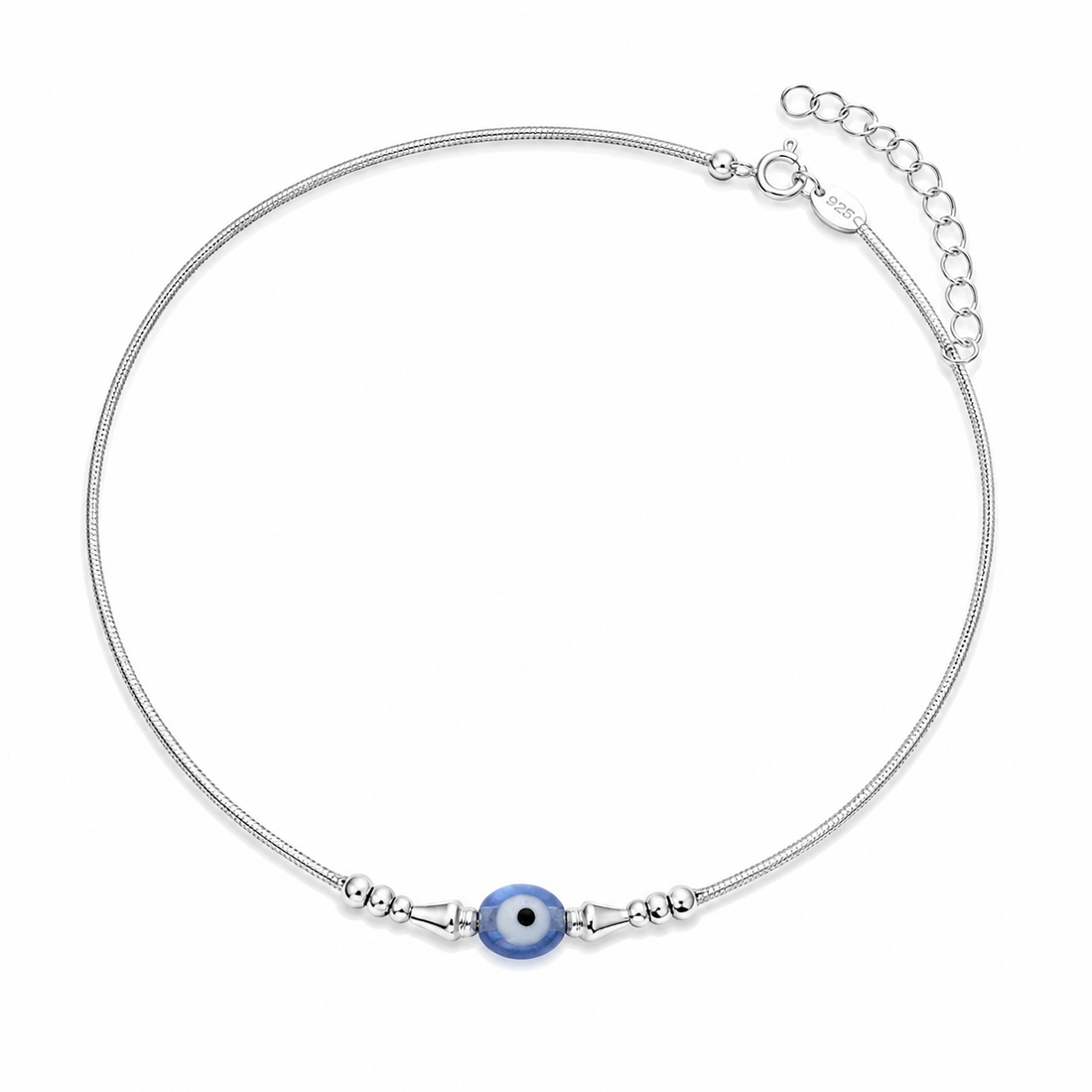Silvme 925 sterling silver single evil eye anklet with a single blue evil-eye bead, white background full view