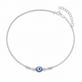 Silvme 925 sterling silver single evil eye anklet with a single blue evil-eye bead, white background full view