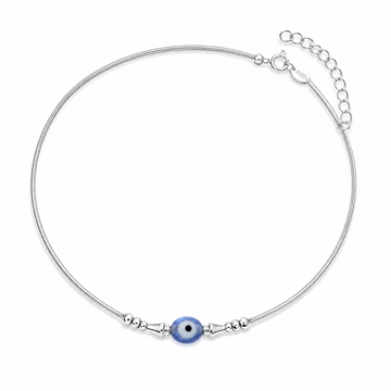 Silvme 925 sterling silver single evil eye anklet with a single blue evil-eye bead, white background full view