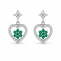 Green Floral Heart Drop 925 silver drop stud earrings for women, festive gift, shown as a matching pair