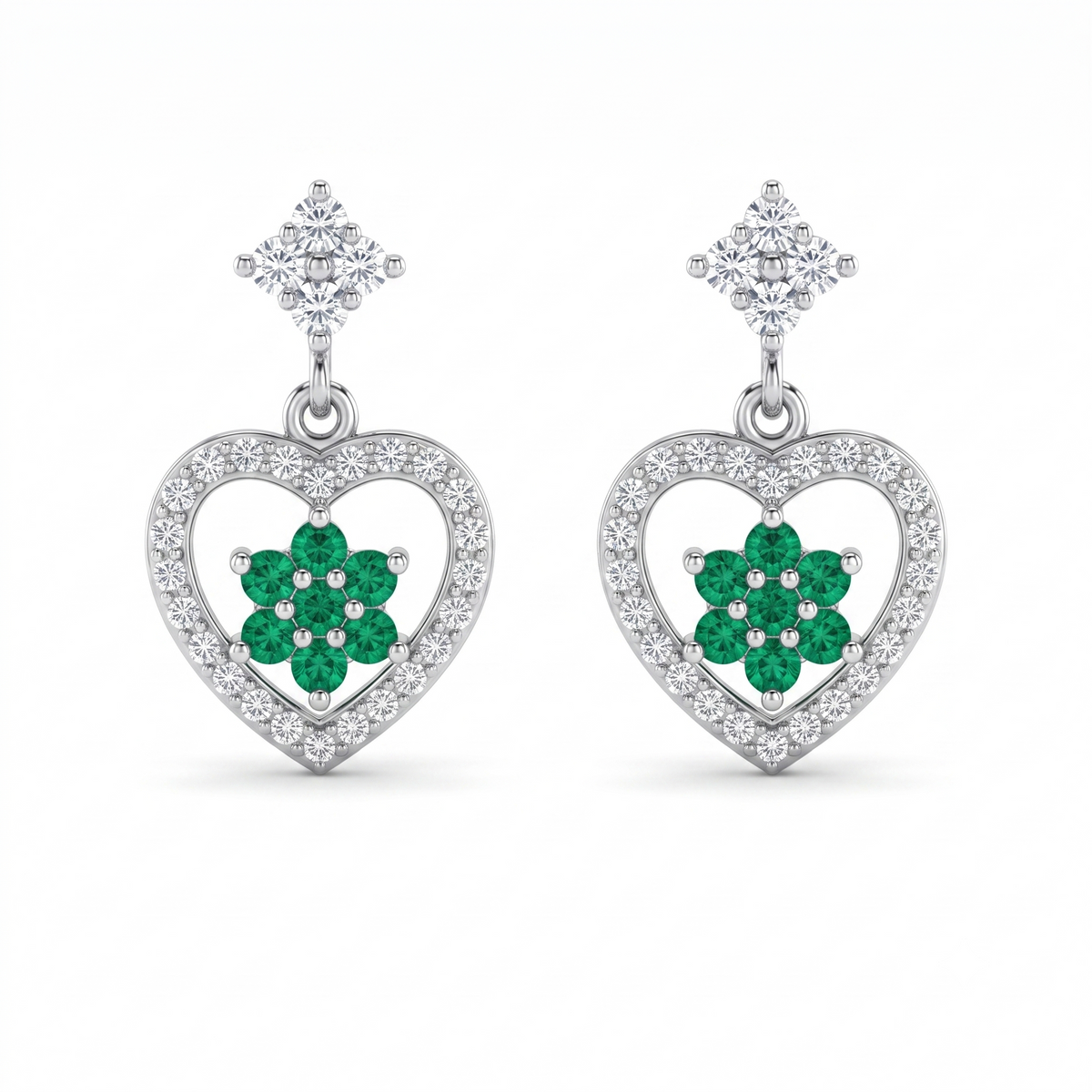 Green Floral Heart Drop 925 silver drop stud earrings for women, festive gift, shown as a matching pair