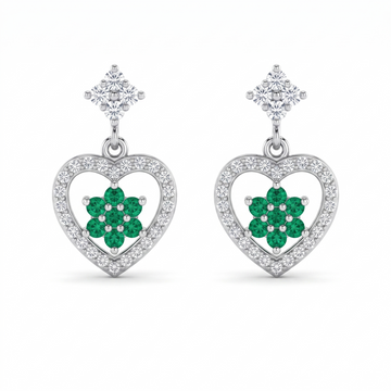 Green Floral Heart Drop 925 silver drop stud earrings for women, festive gift, shown as a matching pair