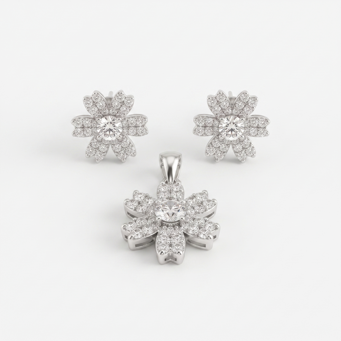 Blossom Flower 925 sterling silver pendant and stud earrings jewellery set with cubic zirconia by Silvme â€” lifestyle gift image