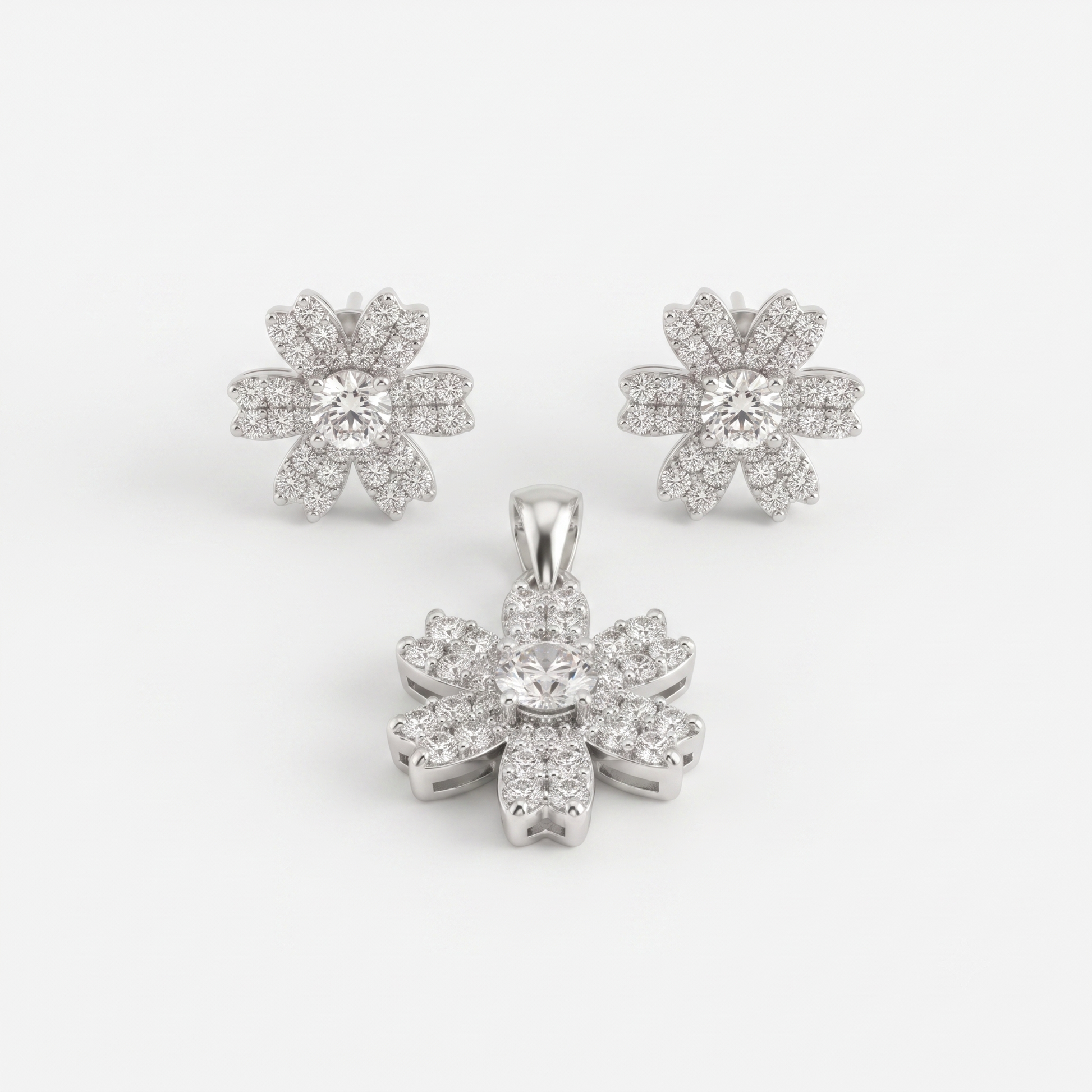 Blossom Flower 925 sterling silver pendant and stud earrings jewellery set with cubic zirconia by Silvme â€” lifestyle gift image
