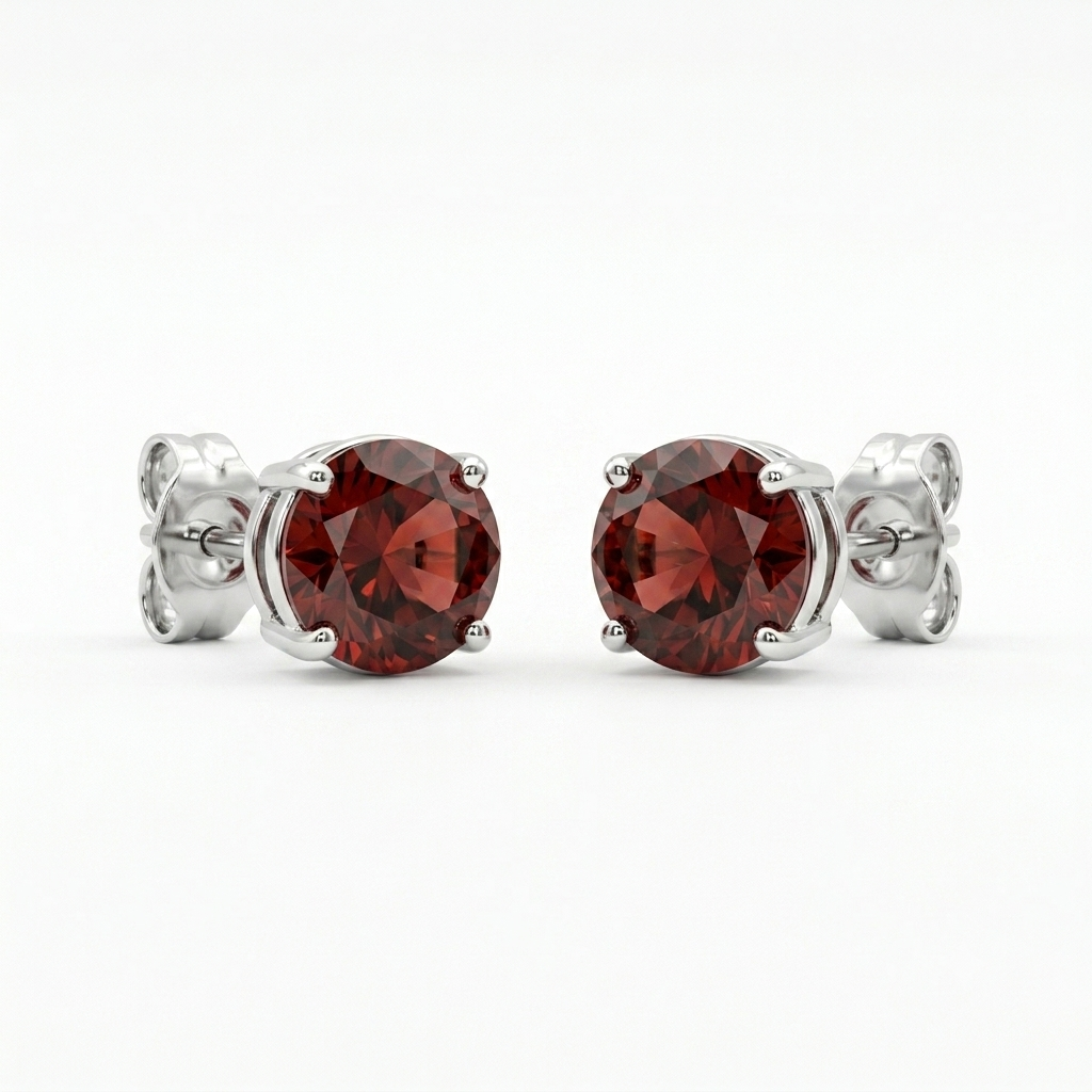 Red Round Solitaire Stud Earrings, front product view