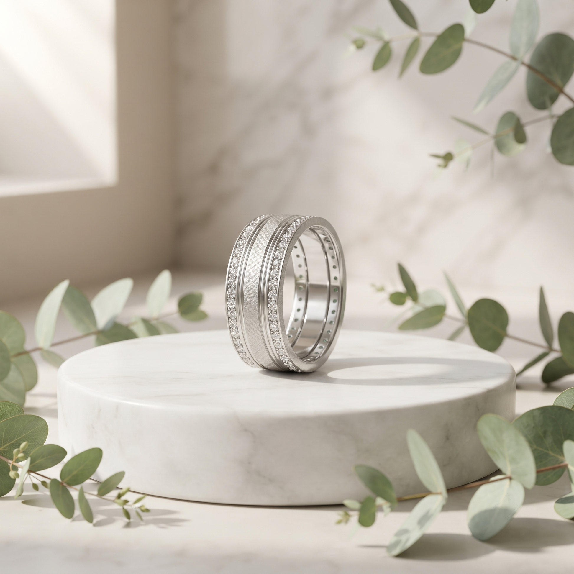 Silvme textured double row stone band silver ring for women worn stacked with plain silver bands on the hand