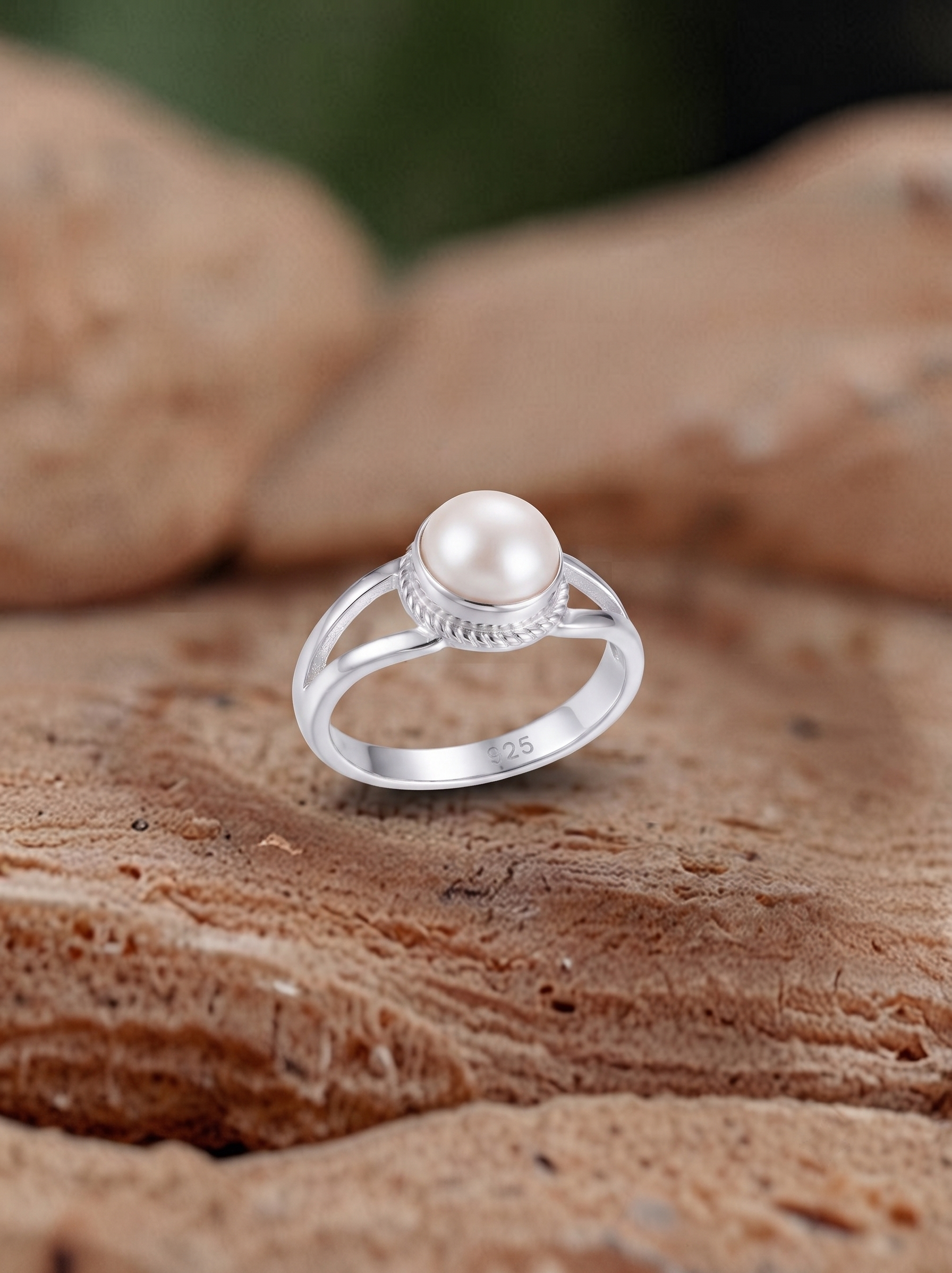 Silvme 925 Sterling Silver Pearl Split-Shank Ring, round pearl set in a rope-detail frame