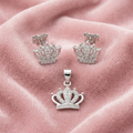 Silvme 925 silver crown pendant and stud earrings with cubic zirconia, close-up detail