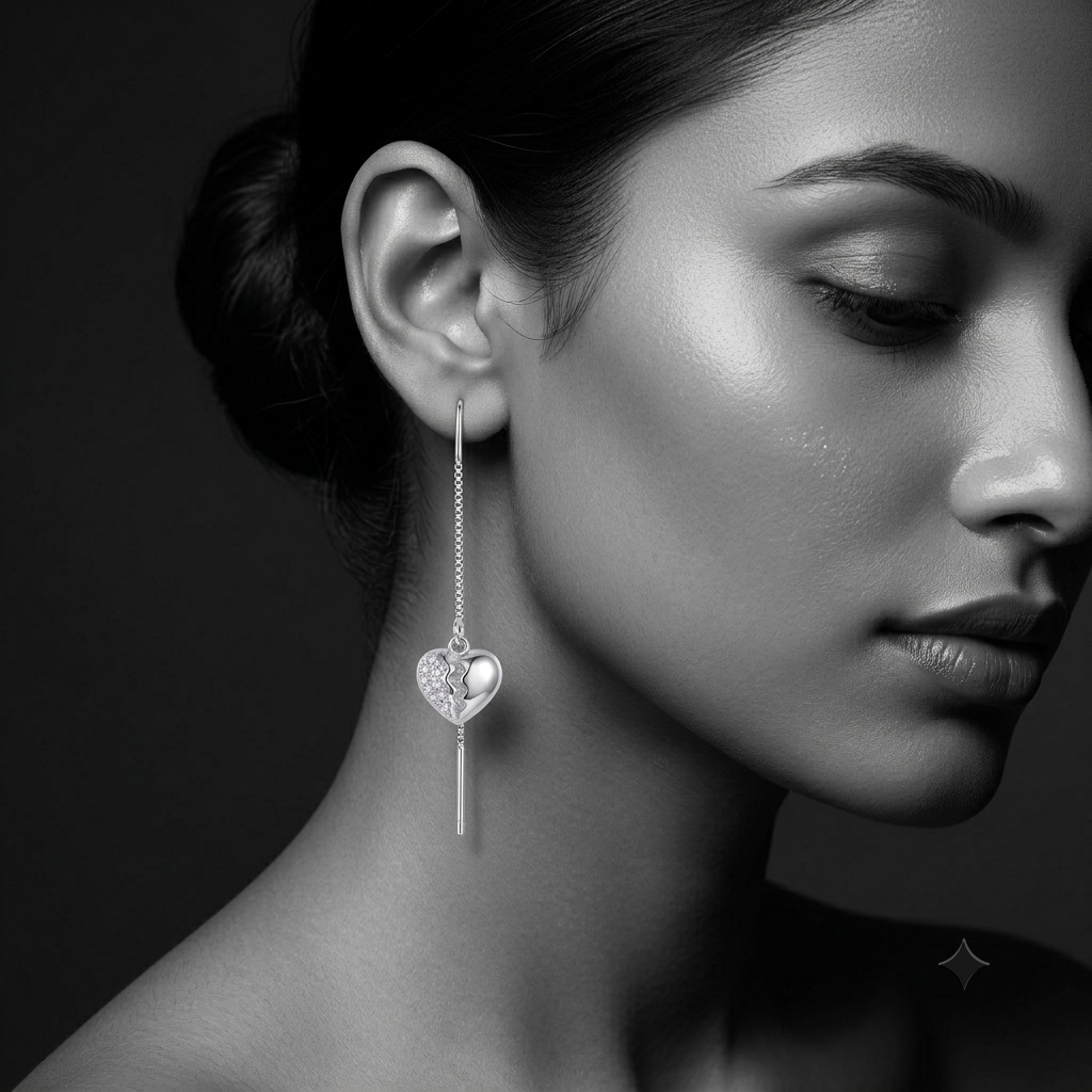 Split Heart Pave Stone-Set Threader Earrings, close-up detail, view 5